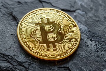 Golden Bitcoin coin on textured black surface