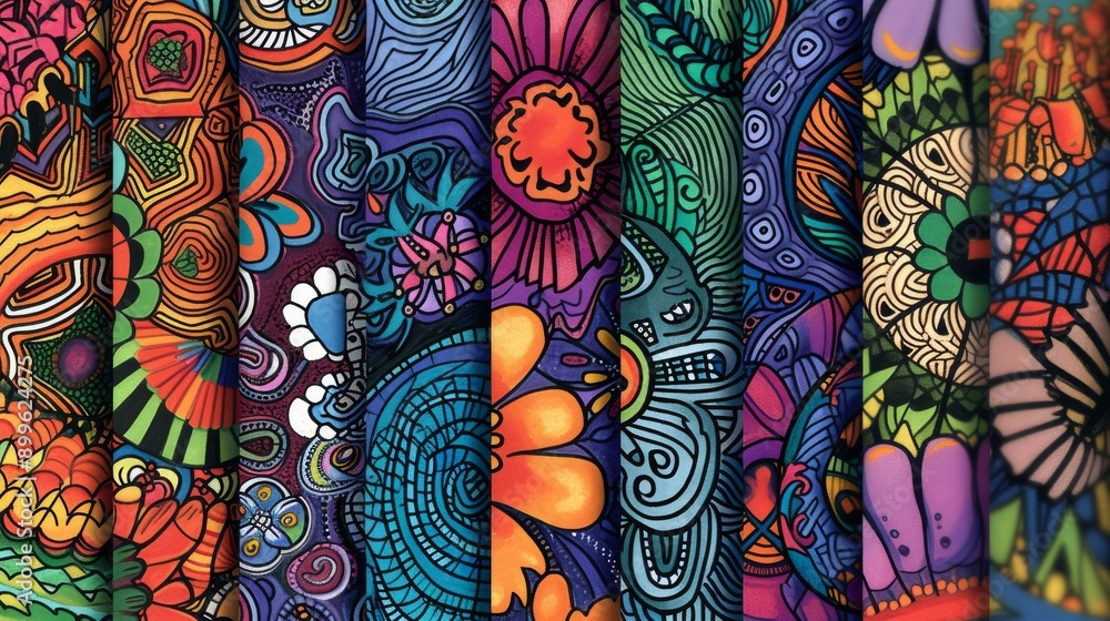 Aufkleber a collection of colorful abstract doodle art pieces, each featuring intricate patterns and designs. 