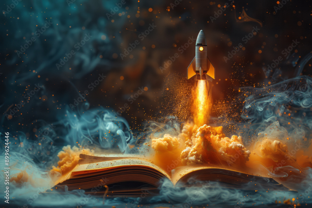 Poster an abstract representation of a rocket soaring from a book, with flowing ribbons of color signifying