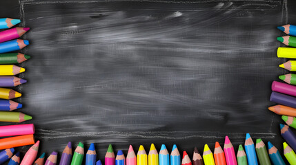Colorful crayons arranged along the border of a black chalkboard background on a wooden table, representing school or education concepts with ample copy space for text. This high-quality image showcas