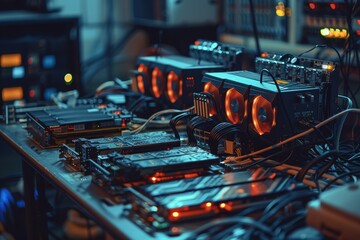 Cryptocurrency hardware working intensely in dim light