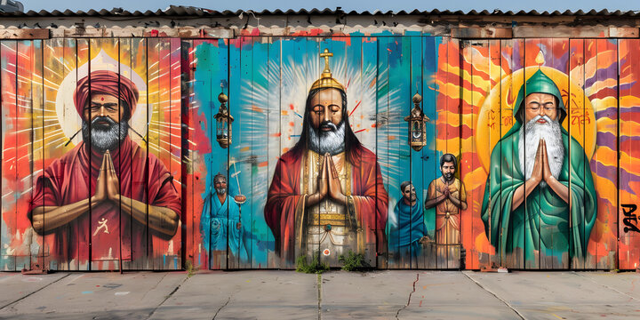 Arte de rua vibrante retratando diversas religi&otilde;es do mundo