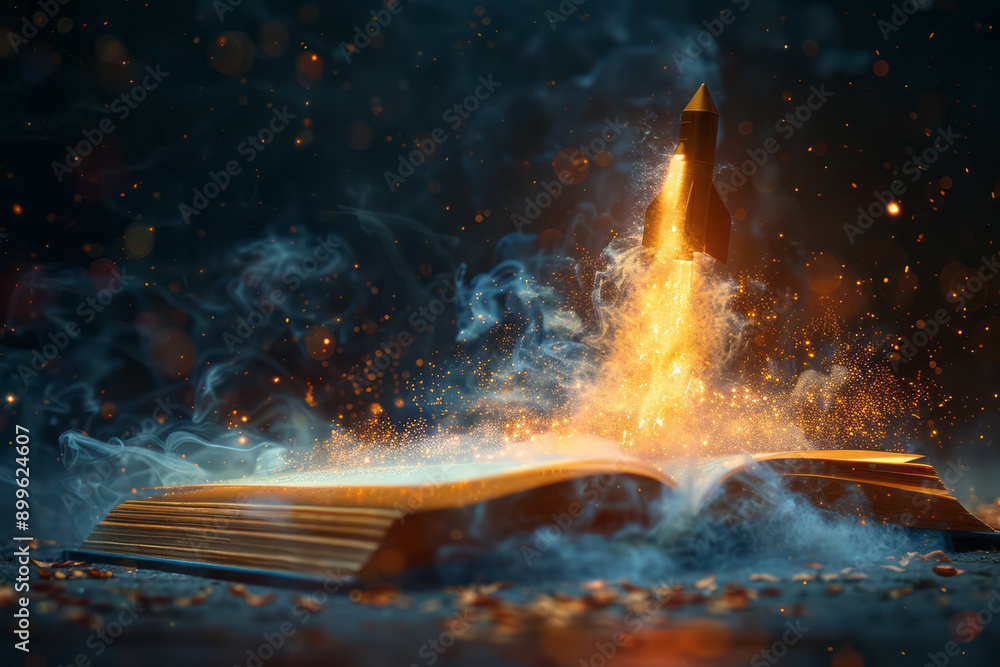 Poster an abstract representation of a rocket soaring from a book, with flowing ribbons of color signifying
