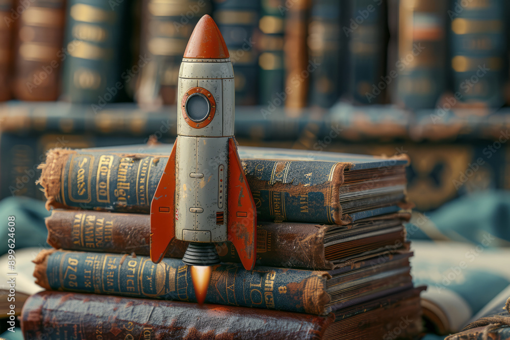Poster an abstract image of a toy rocket blasting off from a stack of history books, soaring into a bright 