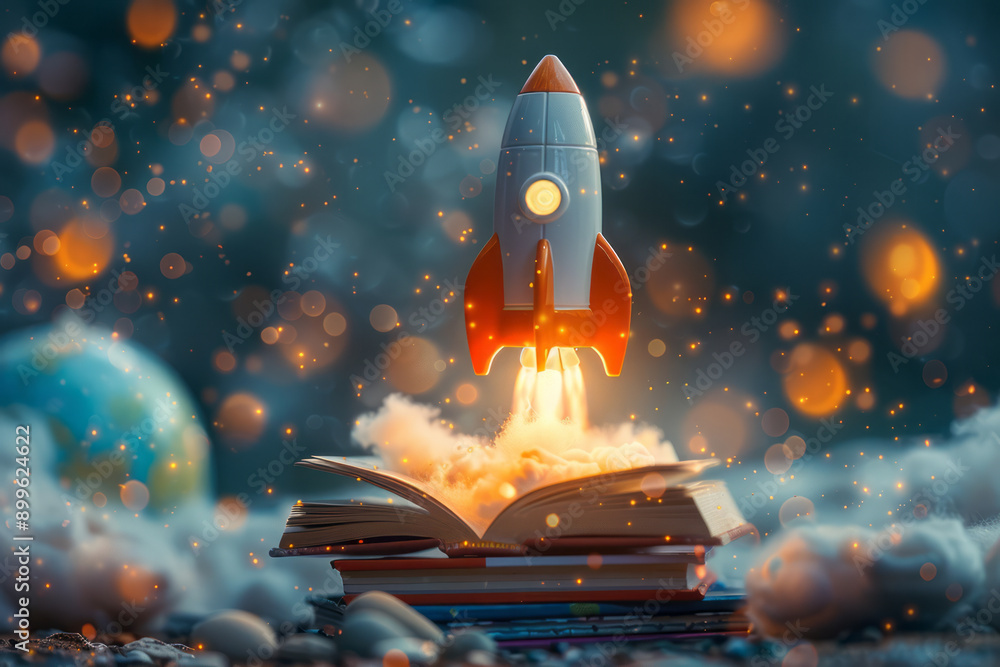 Aufkleber a dynamic image of a toy rocket blasting off from a stack of children's books, filling the air with 