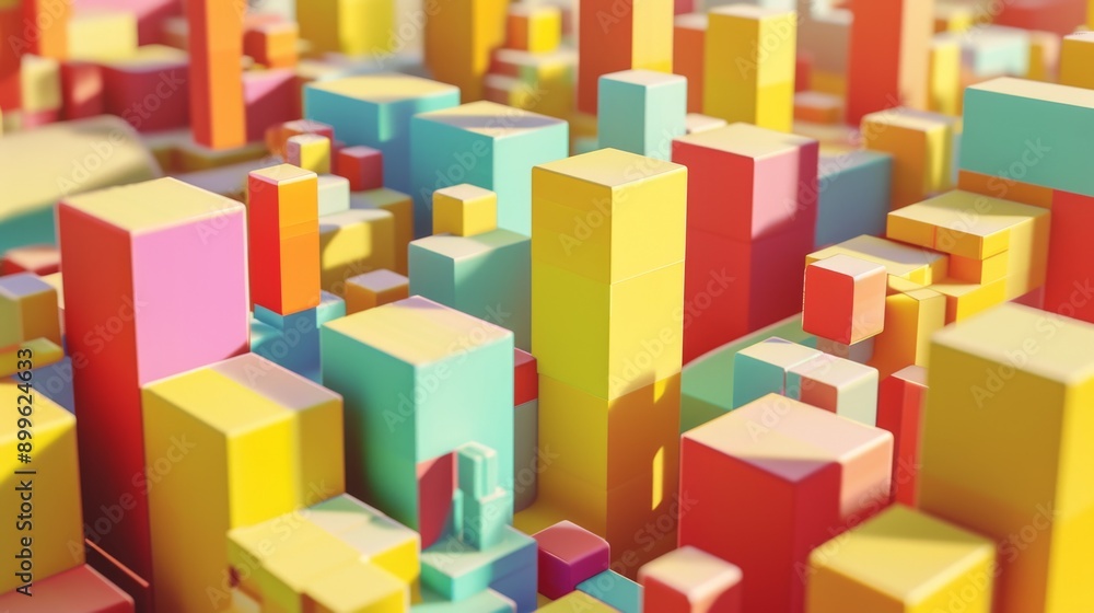 Poster a vibrant abstract cityscape featuring an array of colorful geometric shapes. the bold use of colors