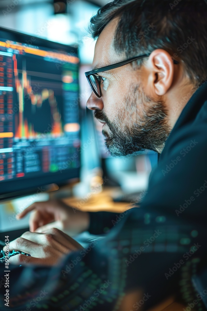 Poster man analyzing financial markets on multiple computer screens