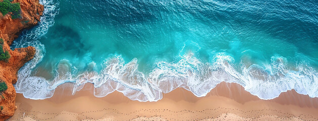 wide drone view photo of a beach shore with water sand and coastal area trees border