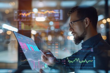 Man analyzing digital stock market data on futuristic screen