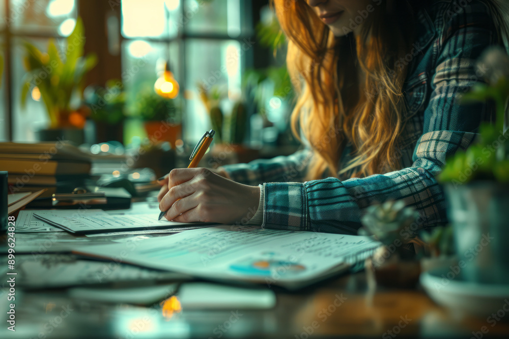 Poster clean and modern image of a professional taking notes during a virtual meeting at a well-organized h