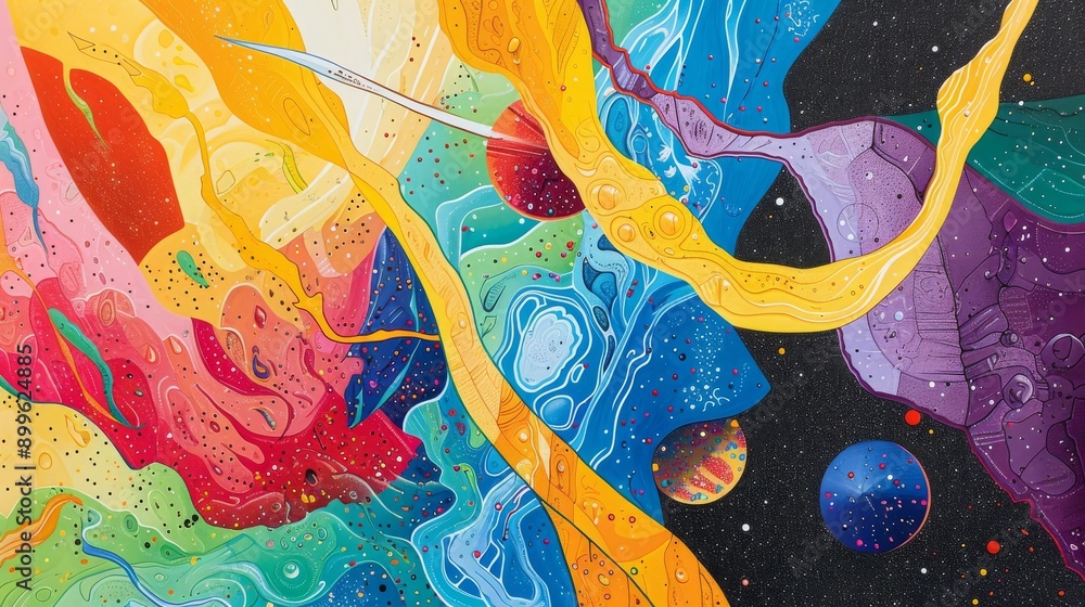 Poster an energetic abstract cosmic scene filled with swirling colorful patterns. this vibrant artwork evok