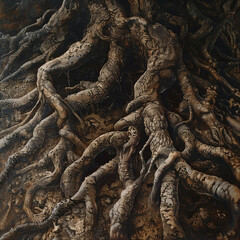 Intricate Tree Roots on Rocky Surface, Nature Close-Up, Earthy Tones, Natural Foundation
