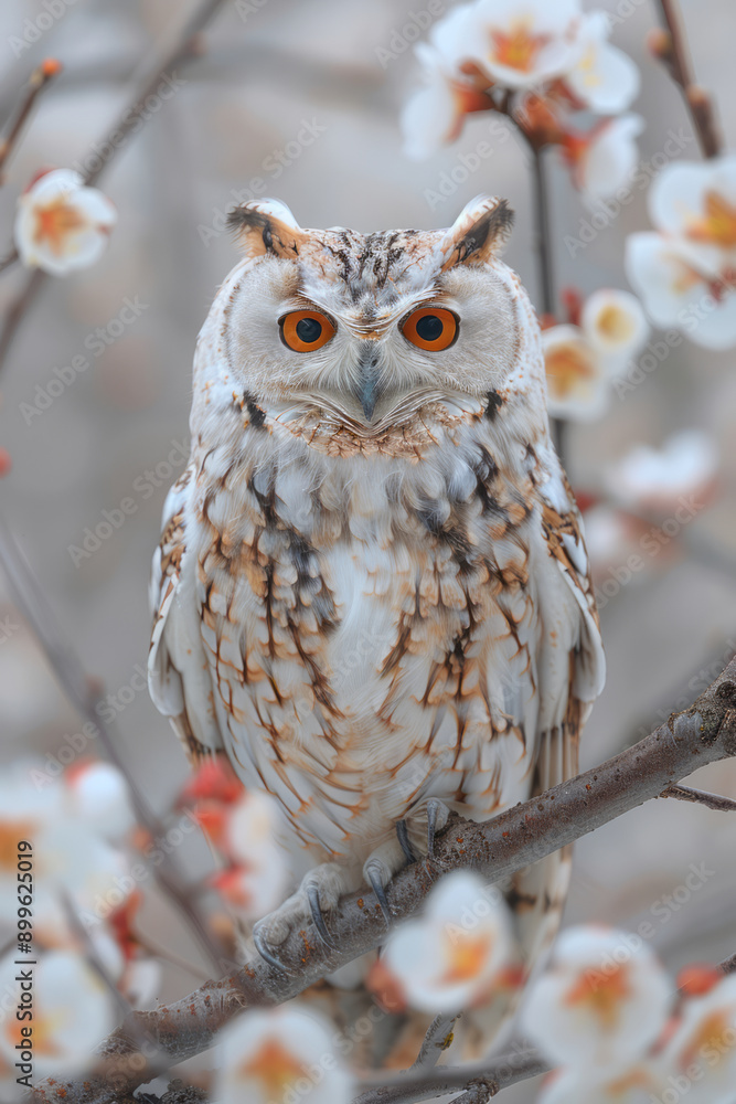 Poster a captivating representation of an owl created from soft flower petals, sitting on a branch with an 