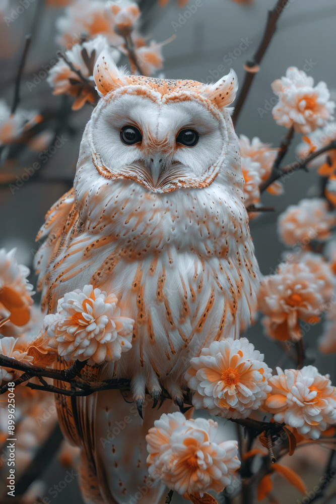 Poster a captivating representation of an owl created from soft flower petals, sitting on a branch with an 