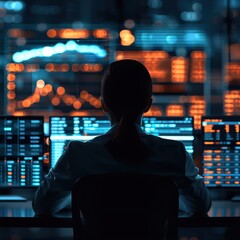 A focused professional analyzes data through multiple screens in a modern workspace, illuminated by vibrant digital displays.