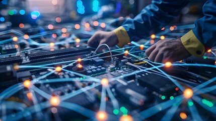 A person working on an electronic circuit board, focusing on detailed connections with a tool, surrounded by vibrant blue lighting.