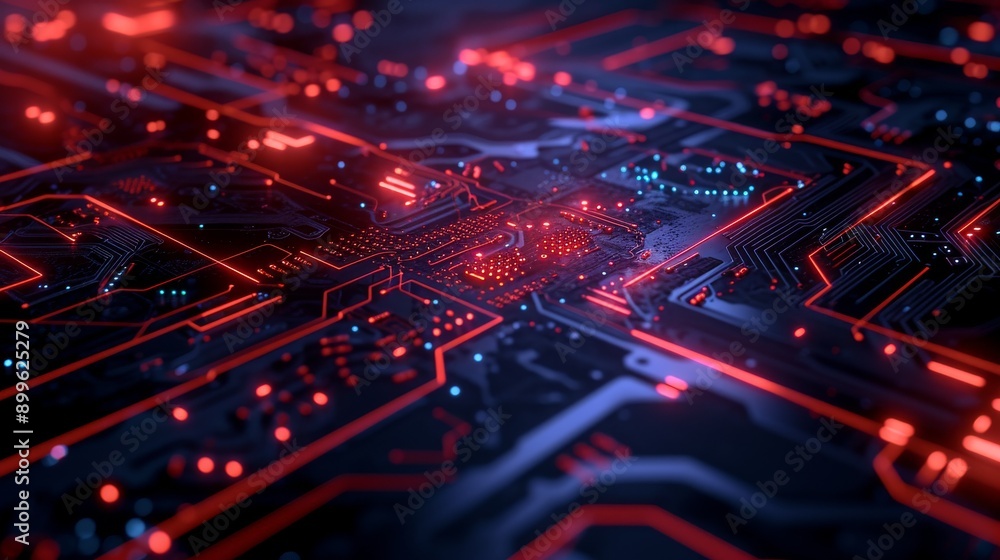 Poster a detailed close-up of a circuit board illuminated by vibrant red lights, highlighting the intricate
