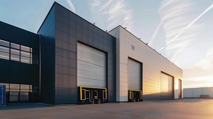 Obraz premium Exterior of a modern warehouse with a small office unit, Generative Ai