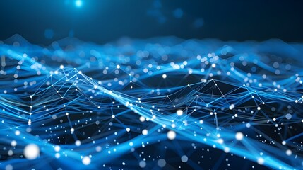Obraz premium A network of glowing blue nodes interconnected by digital lines, symbolizing high-speed data transmission and advanced connectivity in a digital communication network.