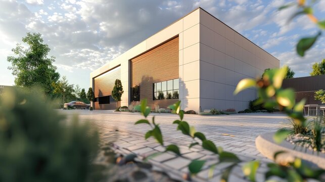 Exterior of a modern warehouse with a small office unit, Generative Ai