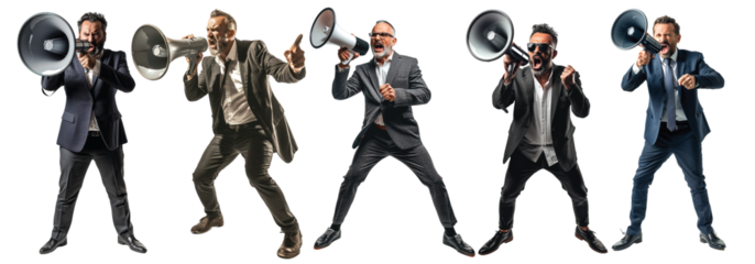 Pack of Isolated angry businessman using megaphone set on transparent background