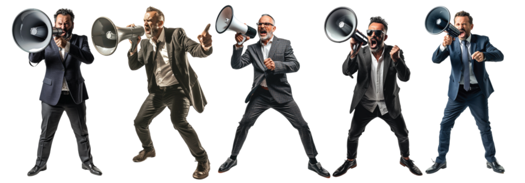 Pack of Isolated angry businessman using megaphone set on transparent background