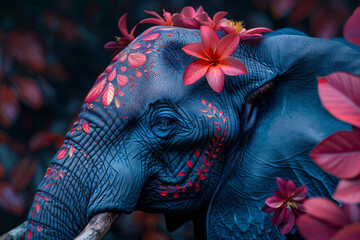 Obraz premium A surreal depiction of an elephant formed from vibrant feathers, with floral patterns adorning its skin,