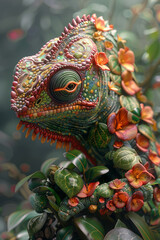 Obraz premium An imaginative design of a chameleon made from a mix of leaves and flowers, blending into its surroundings,