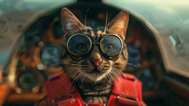 Portrait of a vintage cat pilot with aviator glasses, airplane pilot with goggles in cockpit