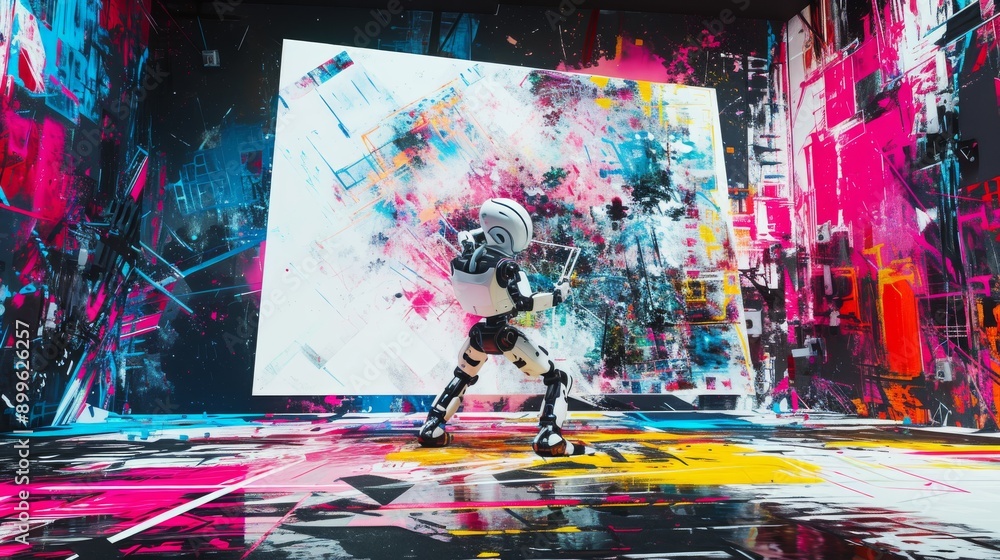 Poster a futuristic robot in an abstract digital art scene with vibrant colors and geometric patterns. the 