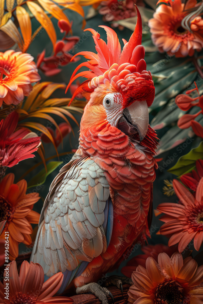 Poster a dynamic representation of a parrot made from a collage of feathers and floral patterns, showcasing