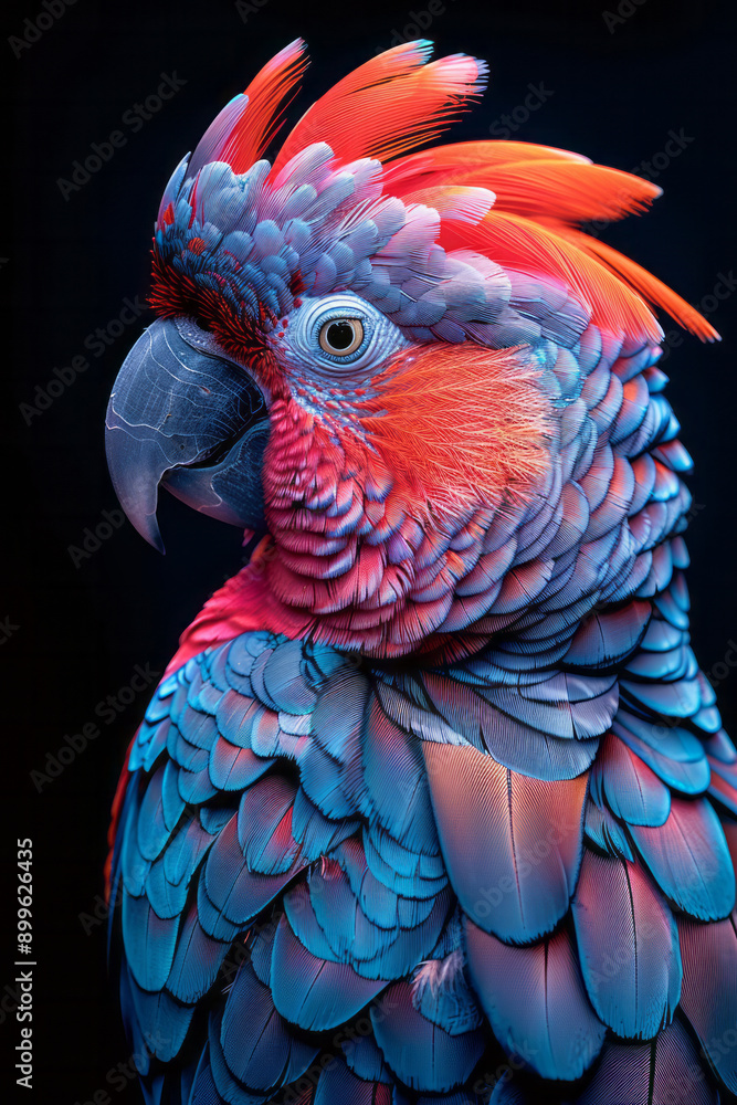 Poster a dynamic representation of a parrot made from a collage of feathers and floral patterns, showcasing