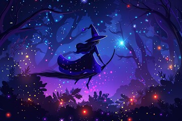 Witch on broomstick, magical sparkles, dark forest, flat design illustration