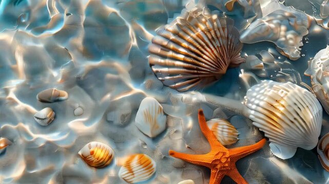Starfish, coral and seashell on the summer beach in sea water. Summer background.