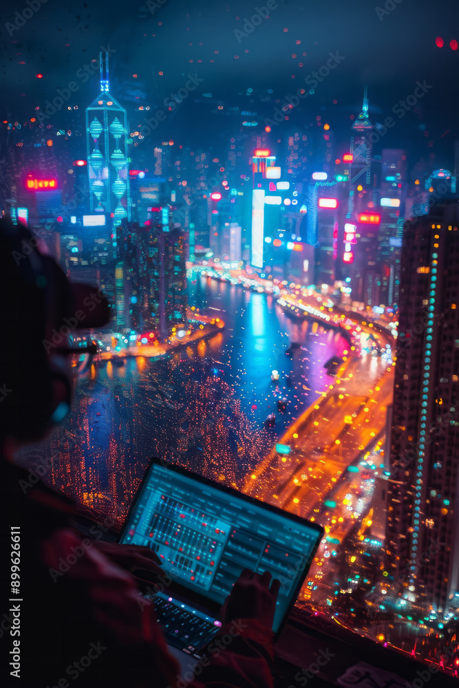 Aufkleber minimalist aesthetic of a person using a laptop to create and manage a smart city project with iot a