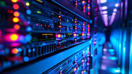 A close-up of a server rack illuminated by blue neon lights, representing high-speed data processing and storage in a modern data center.