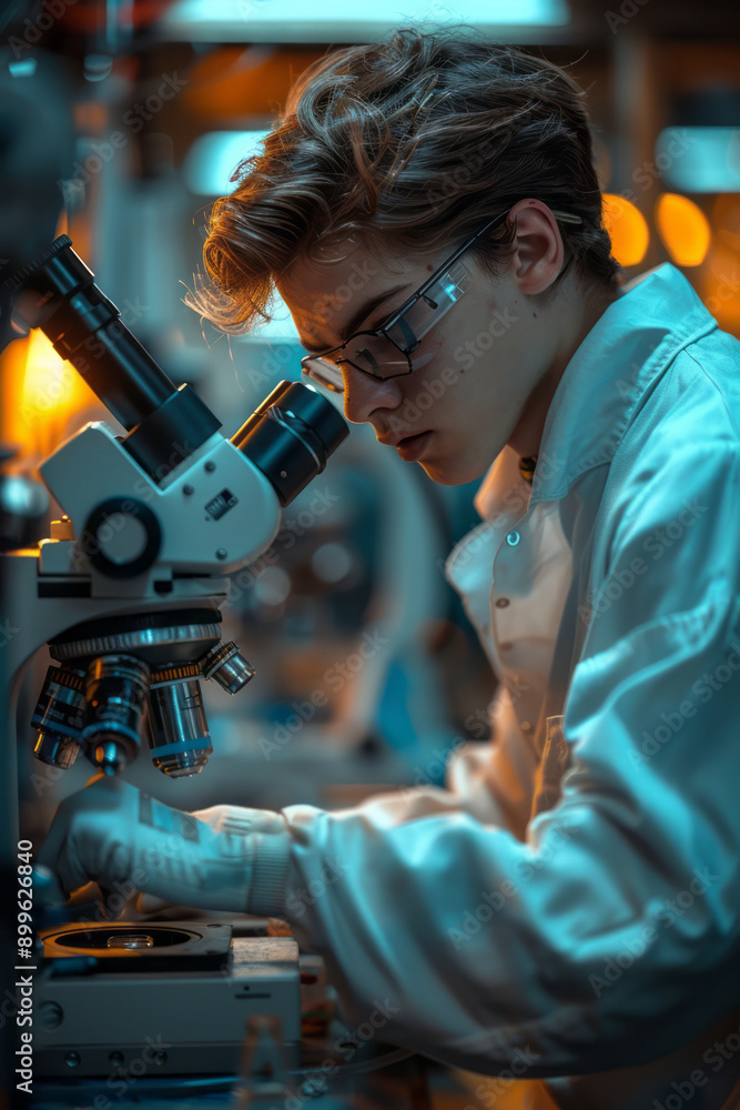 Poster sleek design showcasing an individual experimenting with robotic arms in a modern tech laboratory,
