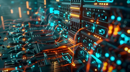 A complex and intricate digital motherboard with glowing circuits and pathways, showcasing the inner workings of advanced computing and information technology.