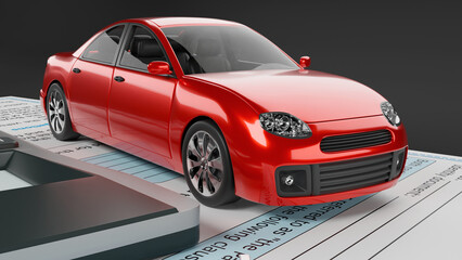 Fototapeta premium new car insurance, car price, vehicle insurance, automotive insurance car purchase and sale document, vehicle tax payment, new car purchase, vehicle purchase invoice, 3d illustration