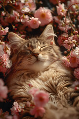 A playful portrayal of a cat created from a patchwork of flower petals, lounging among the blossoms,