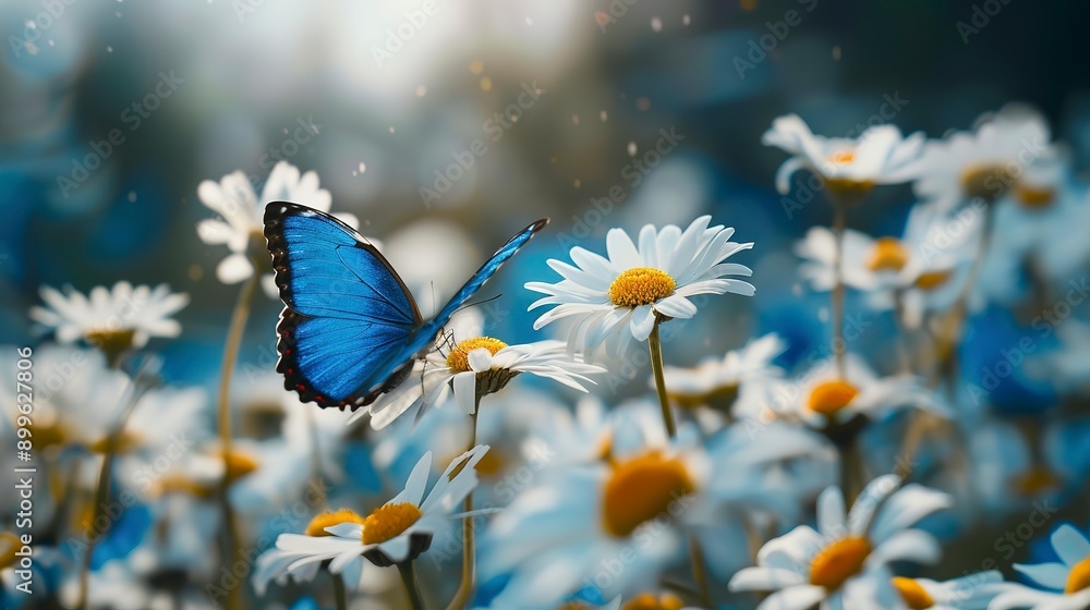 Canvas Prints blue butterfly on daisies under a cloudy morning in spring 