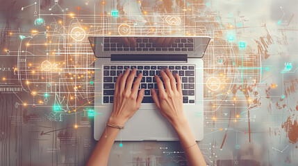 Person Typing on Laptop With Holographic Technology