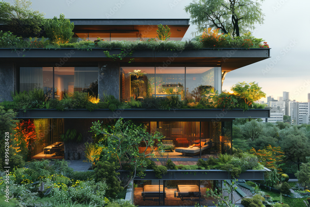 Poster sleek design showcasing a sustainable building with green roofs and energy-efficient windows in an u