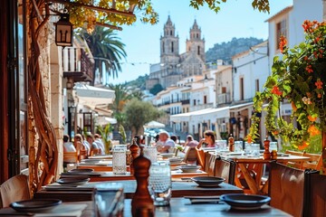 Restaurants in Ibiza town with cathedral background Balearic Islands.