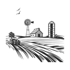 Fototapeta premium Hand drawn farm silhouette with Farm House vector and farm market and landscape