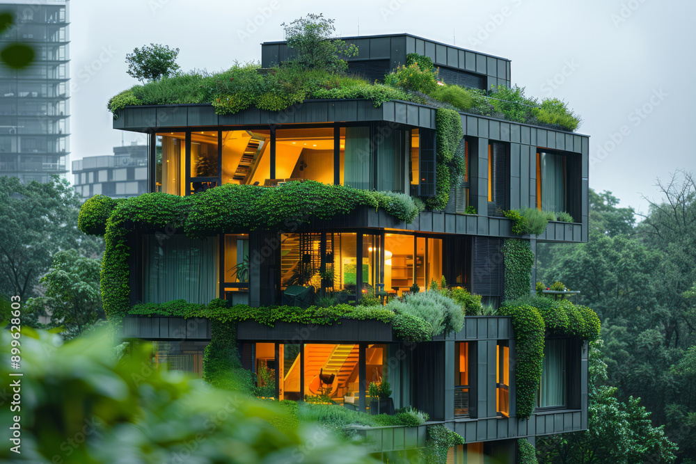 Poster sleek design showcasing a sustainable building with green roofs and energy-efficient windows in an u