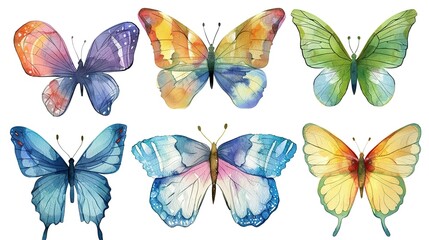 colorful butterfly set watercolor illustration png isolated on a white background, clipart