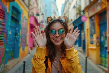 Tourist woman on colorful Cremieux street in Paris  France  Europe
