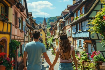 Romantic vacation in colorful Eguisheim  France.