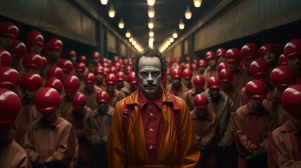 Obraz premium A man with white painted face with a mustache stears at you in an factory corridor, surrounded by workers in red helmets